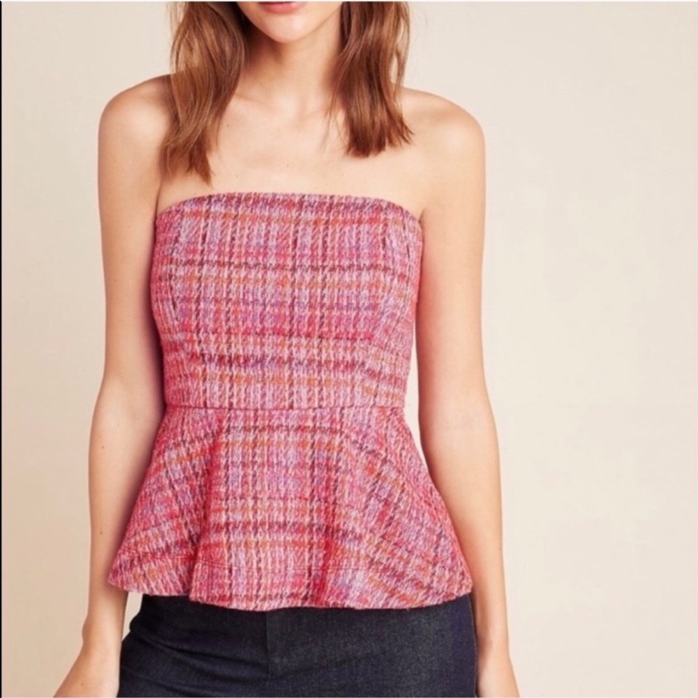 Anthropologie pink peplum strapless top